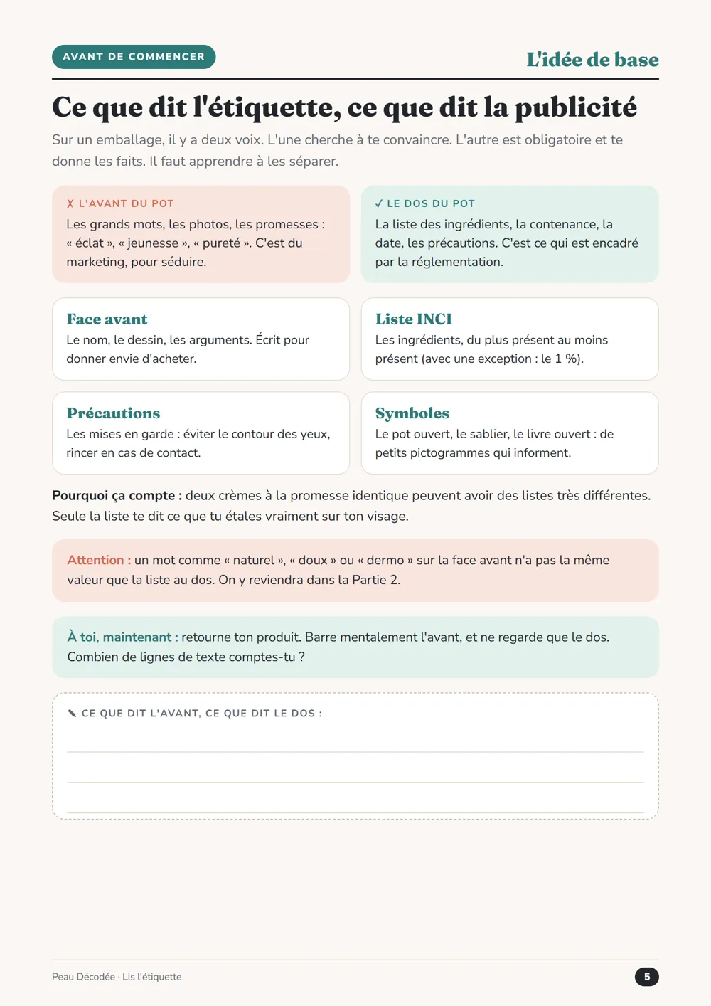 Page « Ce que dit l’étiquette, ce que dit la publicité » du guide Lis l’étiquette